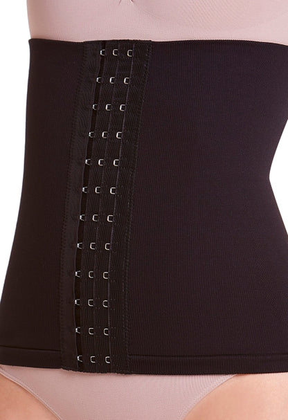 Black waist trainer with metal hooks on a person wearing beige underwear.